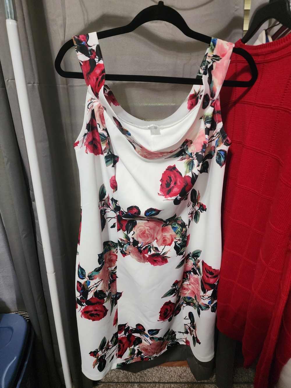 Venus Floral Cowl Neck White Dress with Red Rose Print